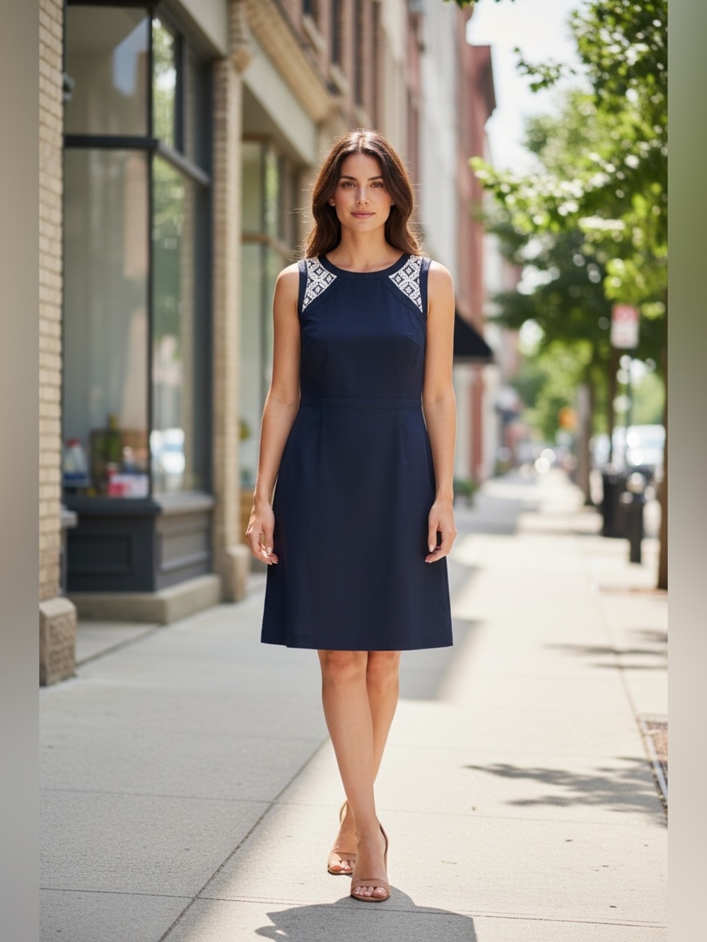 Ann Taylor Navy Midi Sheath Dress with White Lace Insets